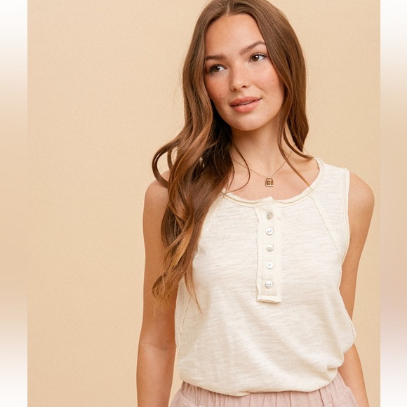 92. ❤️NEW HEM & THREAD Cotton Short Set Henley Tank & Shorts Cream 2 piece set - Picture 3 of 12